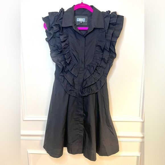 Maeve Anthropologie Button Front Ruffled Little Black Mini Dress Size 4 - Picture 5 of 13